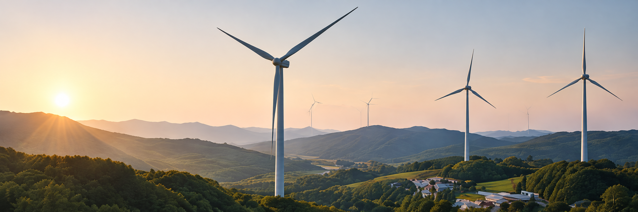 Windkraftanlagen in einer Hügellandschaft bei Sonnenuntergang